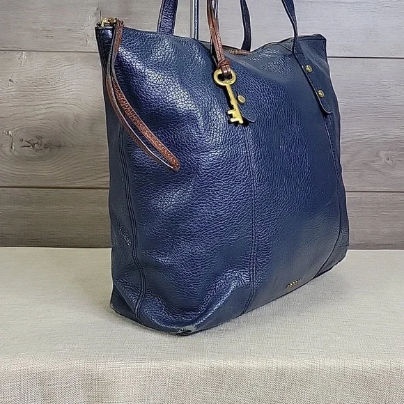 Fossil Blue Leather Tote Shoulder Bag Handbag Purse - Picture 3 of 14